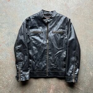 Vintage Mens GUESS Leather Moto Jacket Dark Brown Sherpa Lined Zip Front Size M